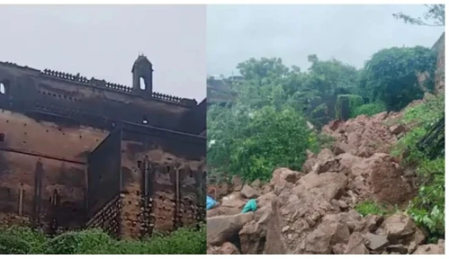 दतिया जिले में राजगढ़ किले की दीवार ढहने के बाद मलबे में दबे लोगों की खोजबीन करती बचाव टीम।