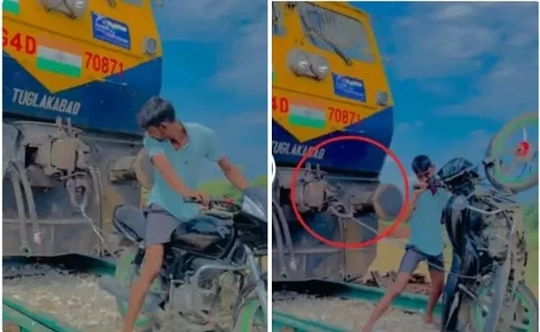 सोशल मीडिया पर वायरल वीडियो में एक युवक अपनी बाइक से ट्रेन के इंजन को खींचने की कोशिश करता हुआ दिखाई दे रहा है। बाइक का पहिया केबल की मदद से इंजन से जुड़ा हुआ है।