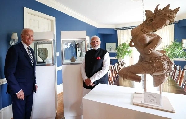 Prime Minister Narendra Modi during his visit to the United States, where 297 stolen artifacts were returned to India, emphasizing the importance of cultural heritage protection.
