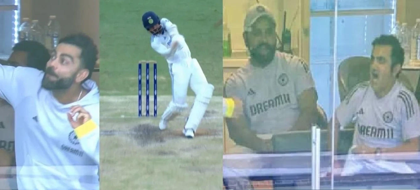 Akash Deep hits a boundary and a six off Pat Cummins during the 3rd Test match between India and Australia at the Gabba, as Gautam Gambhir, Rohit Sharma, and Virat Kohli react in the dressing room.