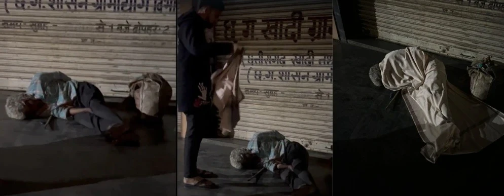 "रायपुर में ठंड और बारिश के बीच हर्षित सिंघानिया की टीम जरूरतमंदों को कंबल वितरित करते हुए।"