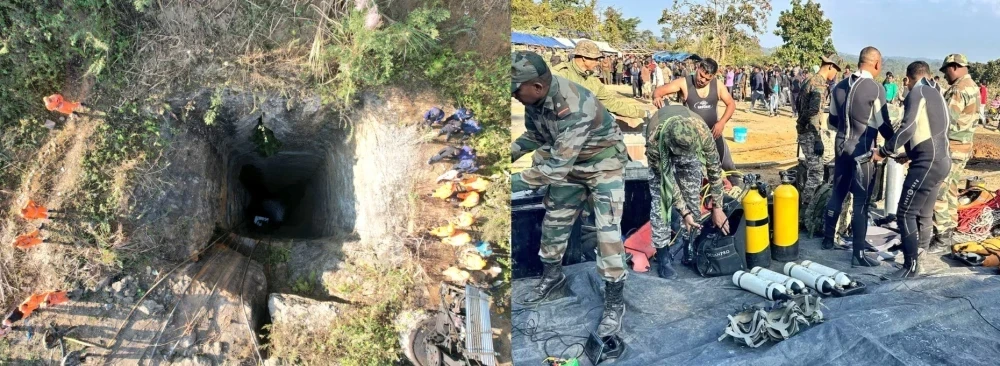 असम के दीमा हसाओ जिले की कोयला खदान में फंसे मजदूरों को निकालने के लिए भारतीय नौसेना, एनडीआरएफ और सेना का संयुक्त बचाव अभियान जारी।