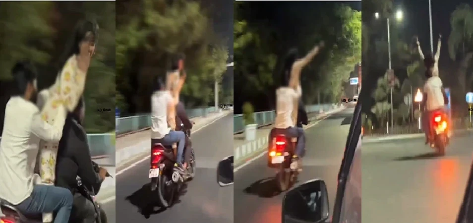 बाइक से किया खतरनाक स्टंट, लोगों को फ्लाइंग किस देते आए नजर