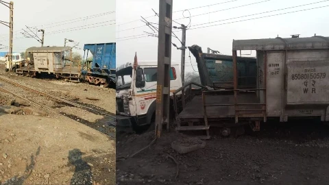 High speed truck hit goods train in Dipka SECL siding: छत्तीसगढ़ के कोरबा जिले के दीपका एसईसीएल साइडिंग के 3 नंबर रेलवे क्रॉसिंग पर जा रही मालगाड़ी को एक तेज रफ्तार ट्रक ने टक्कर मार