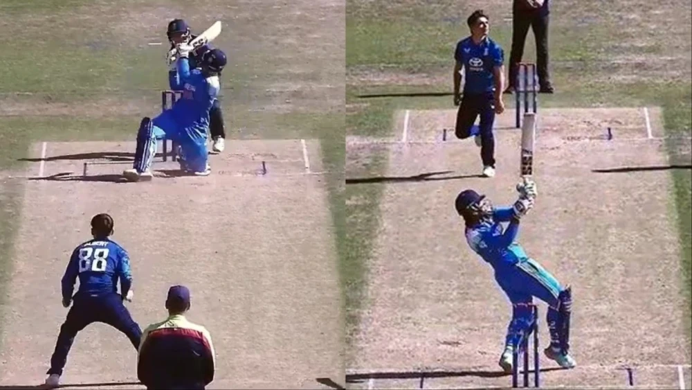 14-year-old Vaibhav Suryavanshi hitting 9 sixes in a row during a cricket match in England