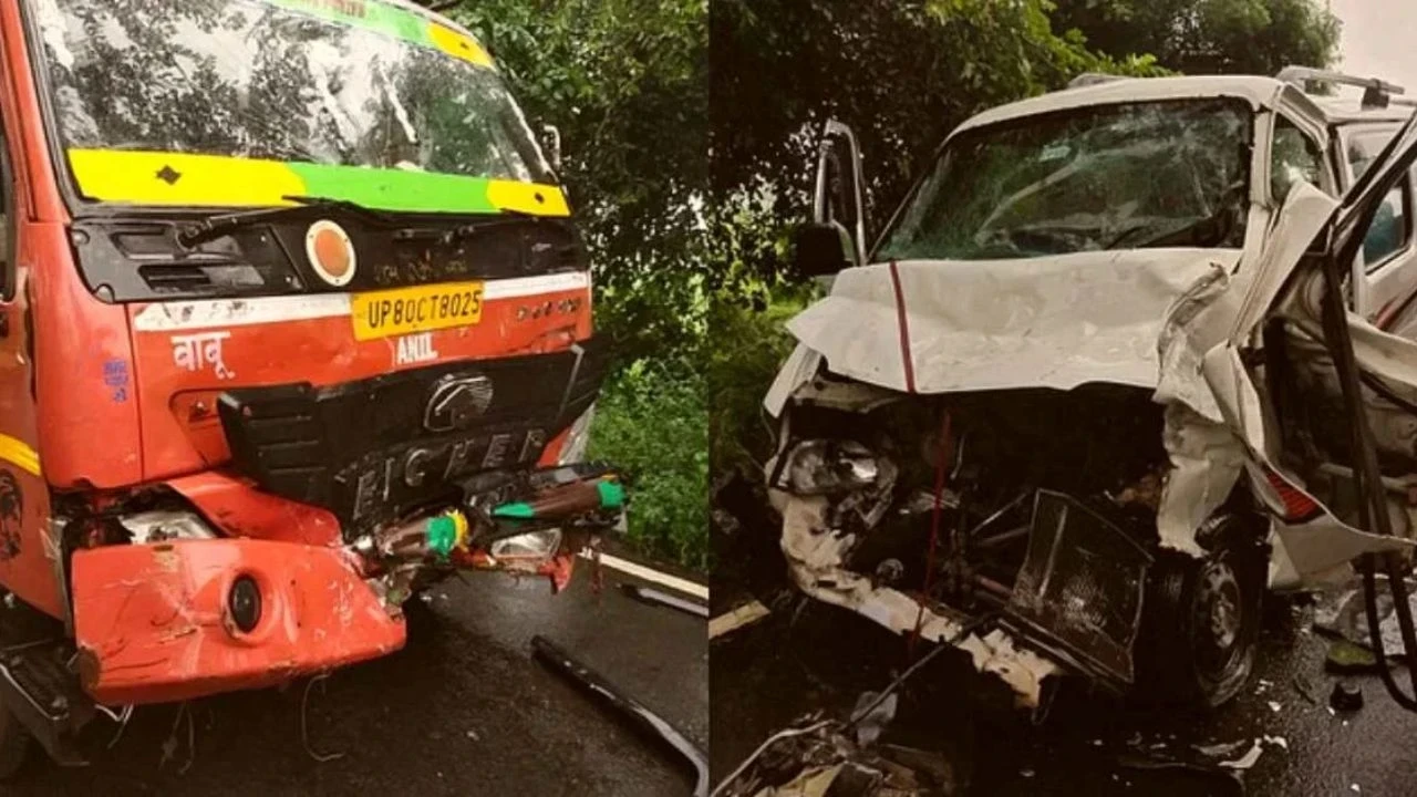 एटा हादसा: तेज रफ्तार कैंटर और कार टक्कर के बाद क्षतिग्रस्त, पुलिस जांच में।