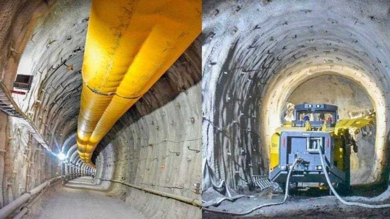 Chief Minister Dhami reviewing the Rishikesh–Karnaprayag rail line construction site showing tunnels and terrain in Uttarakhand