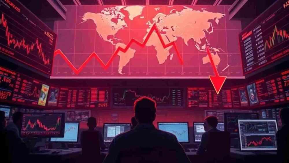 Graph of BSE Sensex and NSE Nifty opening in red as US hikes tariffs on India, investor anxiety visible