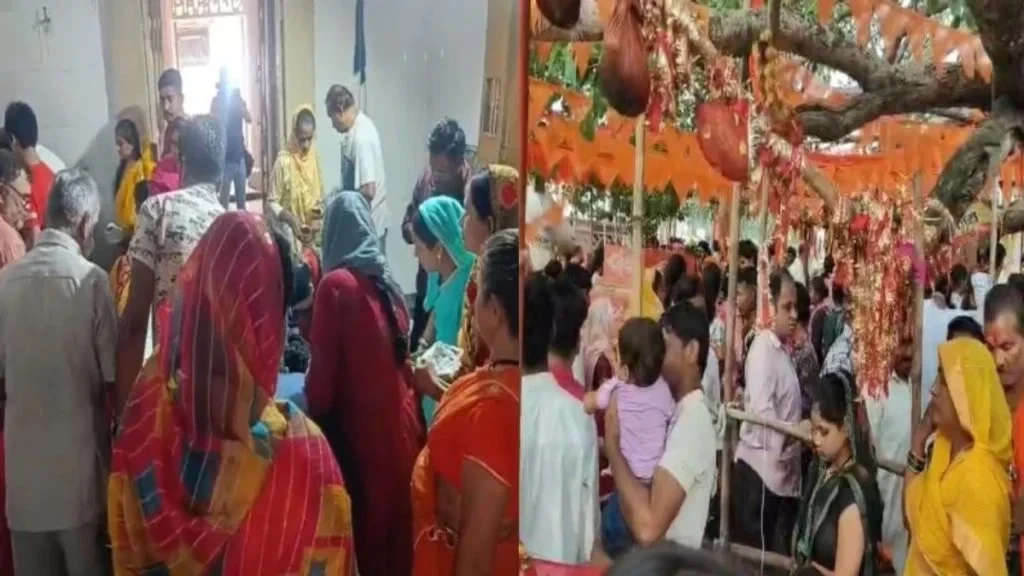 भक्तों की भीड़ बूढ़ेश्वर महादेव मंदिर में जलाभिषेक करते हुए, सावन सोमवार 2025