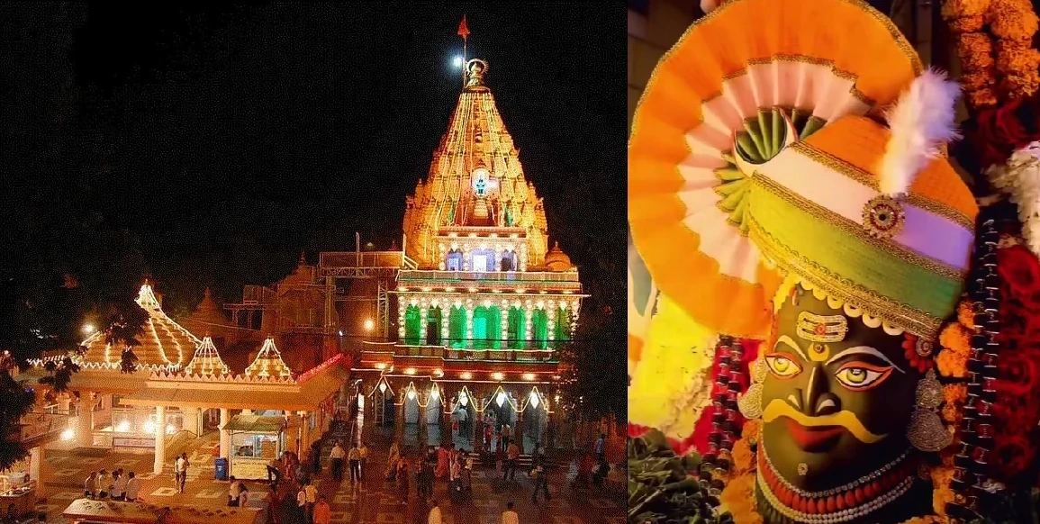 Baba Mahakaleshwar adorned with flowers and rudraksha during the divine Bhasma Aarti at Ujjain’s Mahakaleshwar Temple.