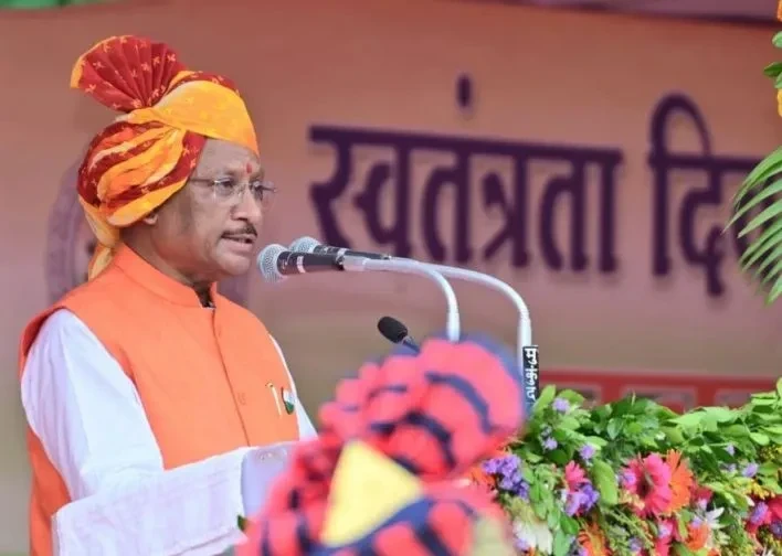 CM Vishnu Deo Sai announcing the Police Commissioner System in Raipur during the 79th Independence Day celebration at Police Ground Raipur.