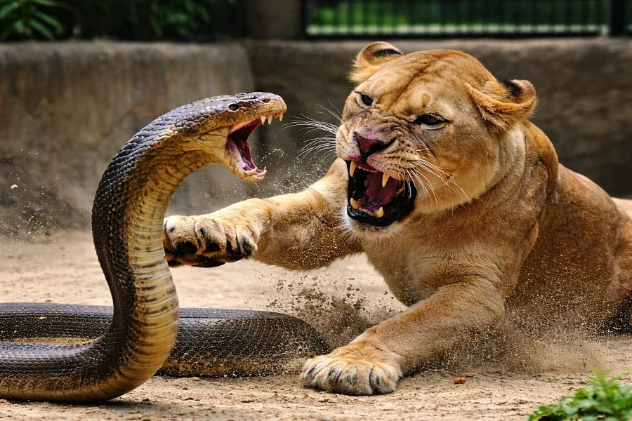 Lioness and Cobra Fight