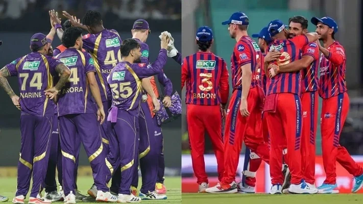 ईडन गार्डन्स स्टेडियम में KKR और LSG के बीच IPL मैच का दृश्य, बादलों के बीच खेल का माहौल