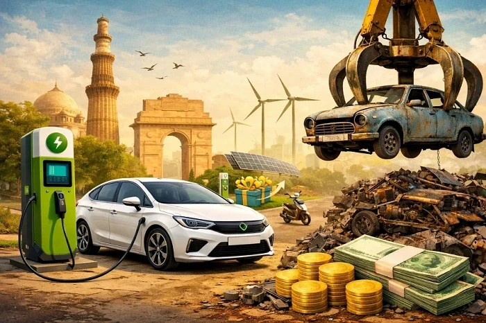 दिल्ली में इलेक्ट्रिक वाहनों को बढ़ावा देने के लिए नई EV पॉलिसी 2026 से जुड़ा प्रतीकात्मक चित्र, जिसमें इलेक्ट्रिक कार और चार्जिंग स्टेशन दिखाया गया है