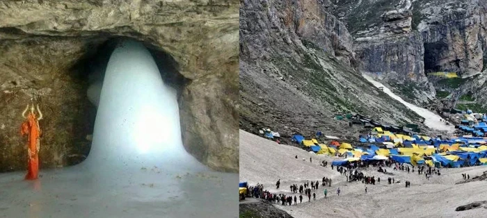 अमरनाथ गुफा में बर्फ से बने शिवलिंग के दर्शन करते श्रद्धालु, पहाड़ों के बीच पवित्र यात्रा का दृश्य