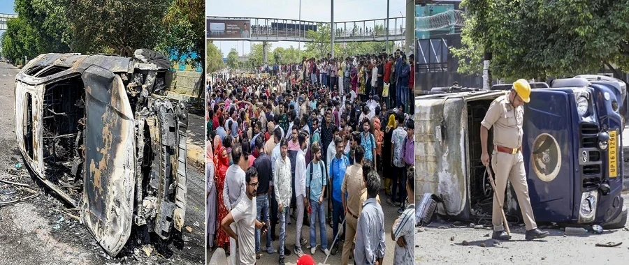 नोएडा में वेतन वृद्धि की मांग को लेकर उग्र प्रदर्शन करते कर्मचारी, सड़क पर आगजनी और पुलिस बल तैनात