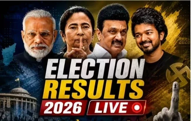 Assembly Election Results 2026 Live Updates: BJP forms governments in Assam, Bengal, and Puducherry; Thalapathy Vijay emerges as the superstar in Tamil Nadu; Congress leads in Kerala. Watch fastest and most accurate results on newsplus21.