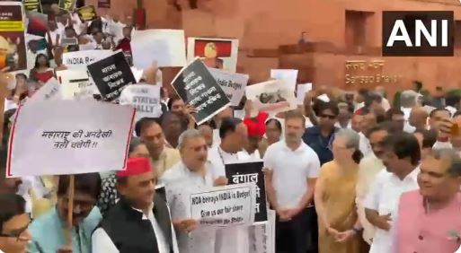 "INDIA ब्लॉक के नेताओं ने संसद में यूनियन बजट 2024 के खिलाफ प्रदर्शन किया।"