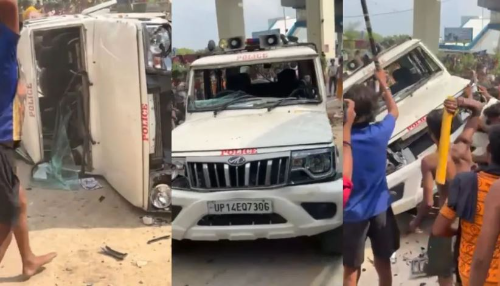 n Ghaziabad, Kanwariyas attacked a private vehicle with police stickers and a siren after it collided with a devotee. The vehicle was severely damaged.
